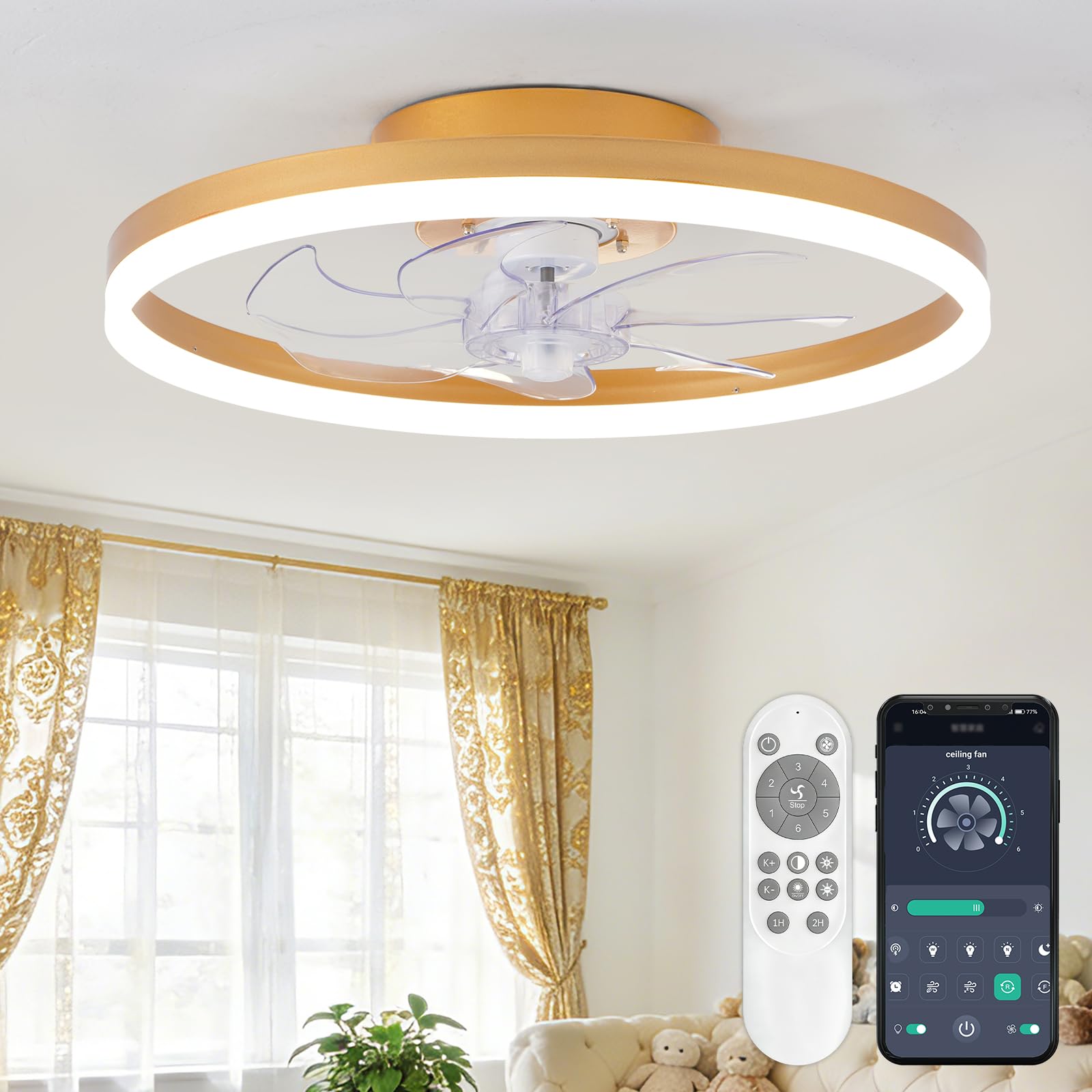 16 Inch RGB Low Profile Ceiling Fans with Lights, Modern Flush Mount Fandelier Chandelier Fixture, Remote & APP Control, Black LED Ceiling Fan Light for Bedroom, Living Room, Kitchen Indoor