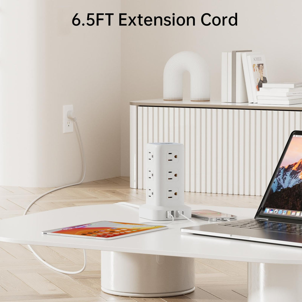 Tower Surge Protector Power Strip with 12 Outlets 4 USB (1 USB C), 6.5Feet Extension Cord with Multiple Outlets, Charging Station, Power Strip Tower, Office Desk Supplies