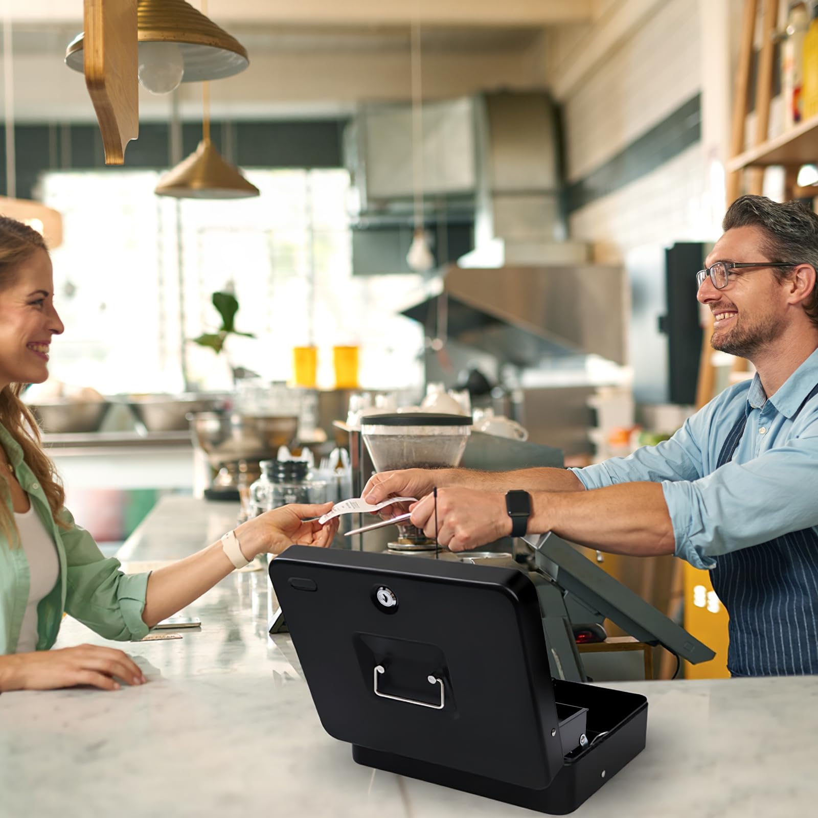 Cash Box with Money Tray and Key Lock, Saving Lock Box with Money Tray Storage for Cash Register 11.8"x9.45"x3.54" Black XL Large