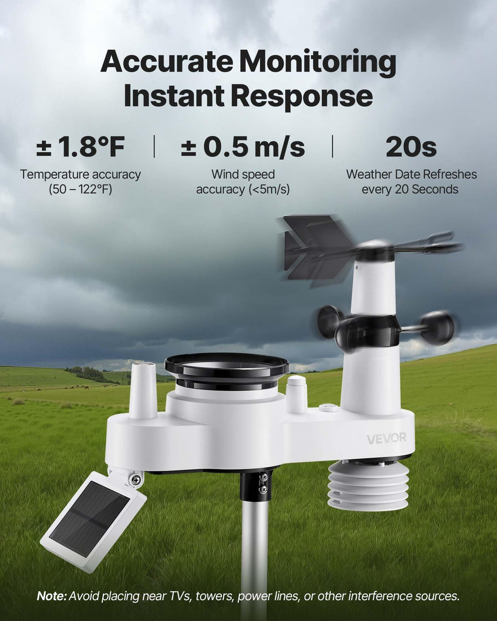 VEVOR 5-in-1 Wireless Weather Station, 7.5-Inch VA Display, Solar Powered Outdoor Sensor, Rain Gauge, Indoor Outdoor for Weather Forecast, Temperature, Humidity, Wind Speed and Direction (No WiFi)