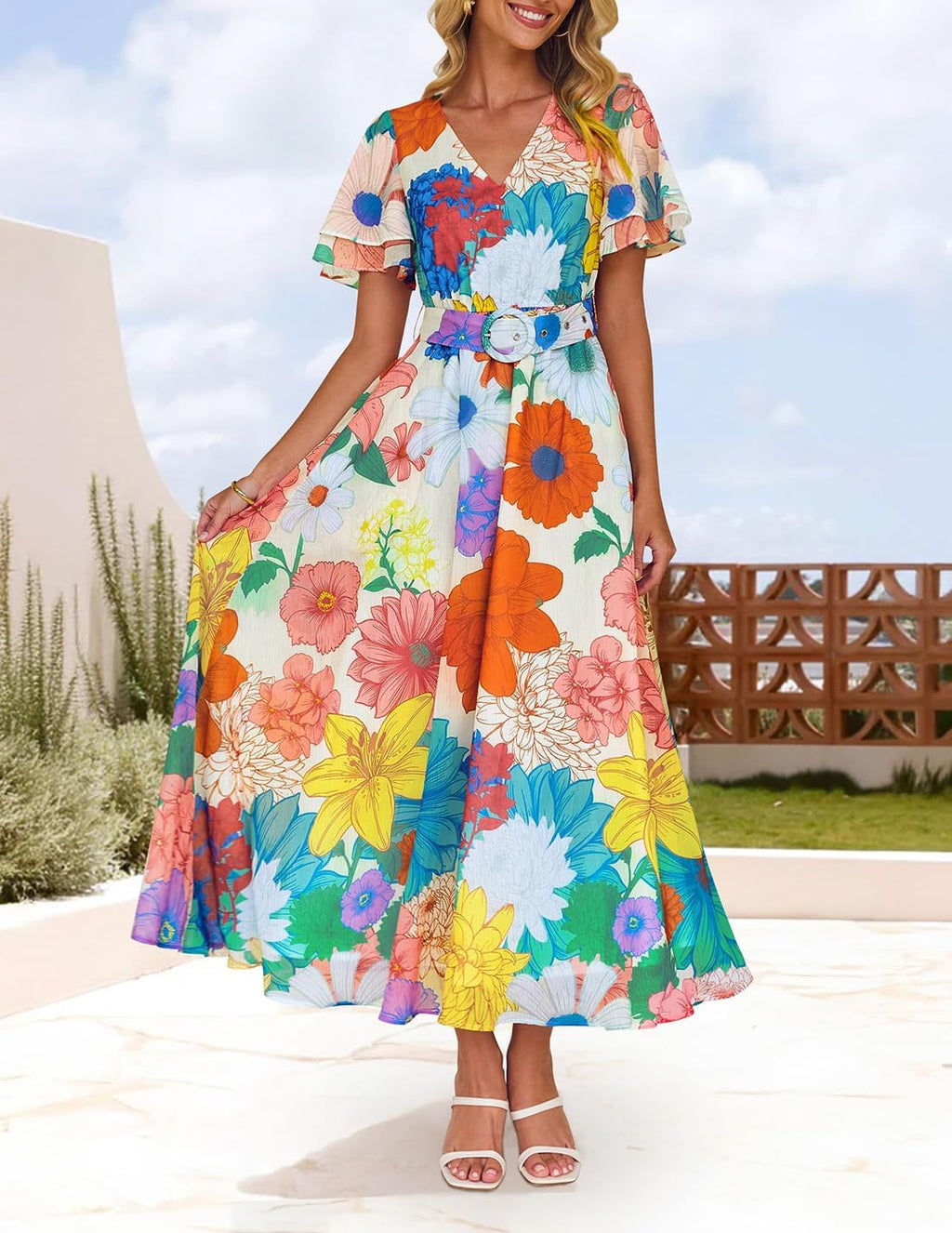 ZESICA Women's 2026 Summer Floral V Neck Midi Dress Boho Short Sleeve High Waist Flowy Beach Vacation Dresses with Belt