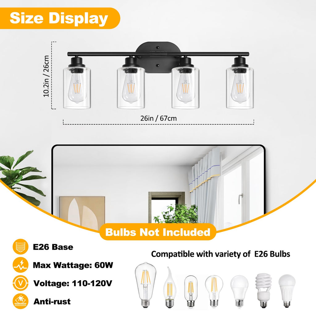 Unicozin 2 Pack Modern Bathroom Light Fixtures, 3 Light Vanity Lights, Black Wall Lamp with Clear Glass for Bathroom, Mirror, Living Room, Bedroom, Hallway, E26 Base
