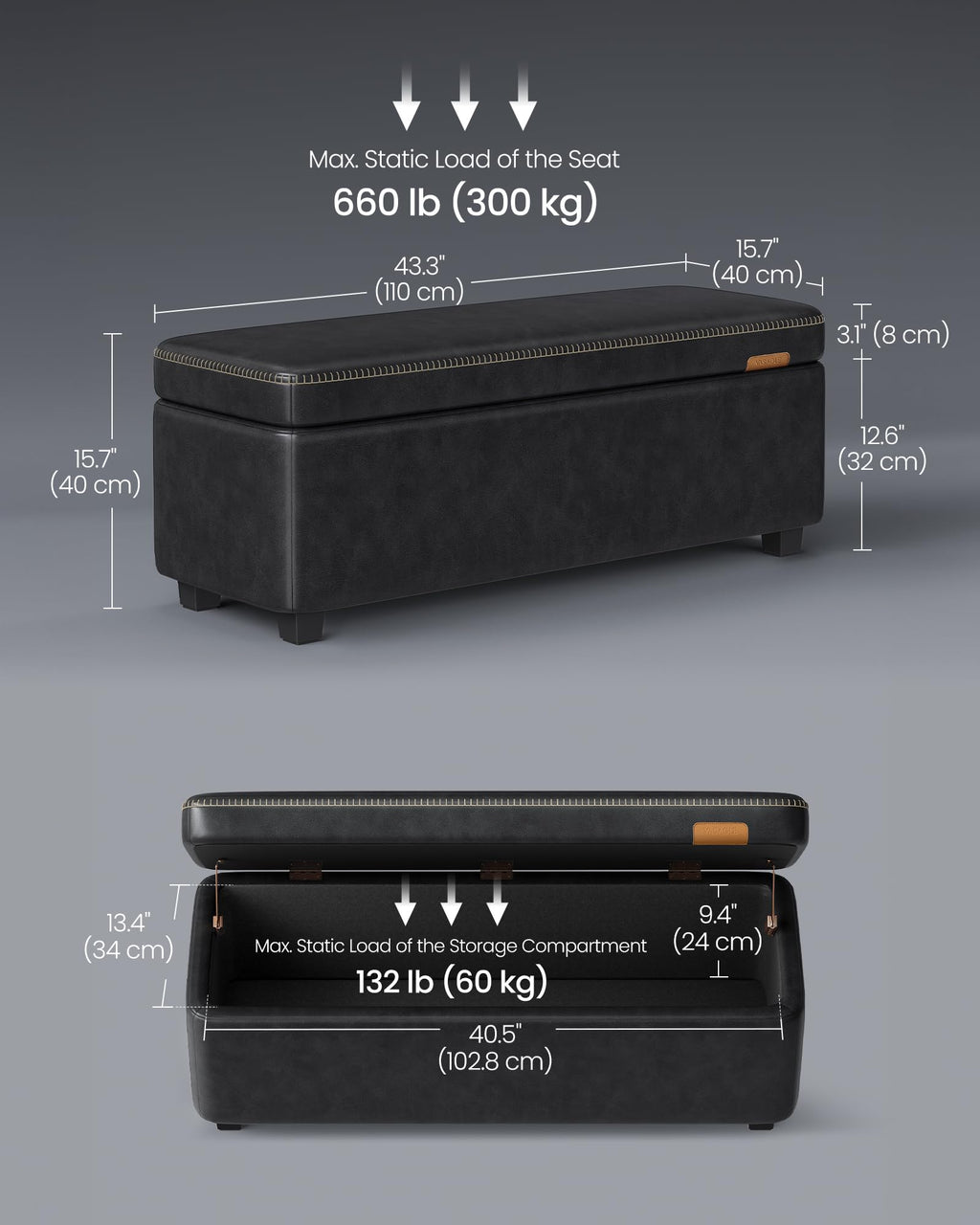 VASAGLE EKHO Collection - Storage Ottoman Bench, Entryway Bedroom Bench, 15 Gallons, Synthetic Leather with Stitching, Mid-Century Modern, Safety Hinges, Loads 660 lb, Caramel Brown ULOM074K01