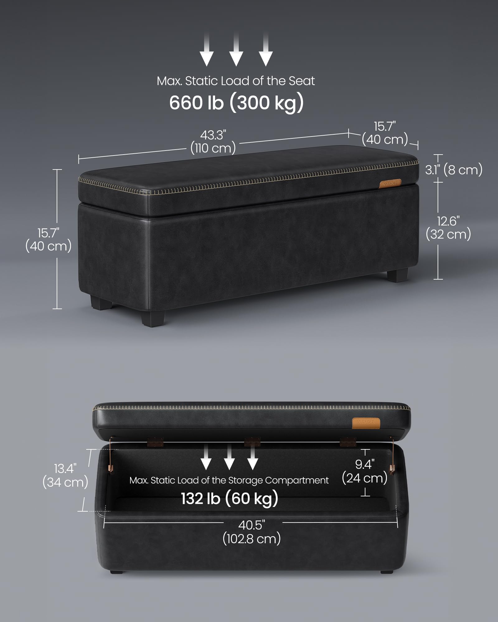 VASAGLE EKHO Collection - Storage Ottoman Bench, Entryway Bedroom Bench, 15 Gallons, Synthetic Leather with Stitching, Mid-Century Modern, Safety Hinges, Loads 660 lb, Caramel Brown ULOM074K01