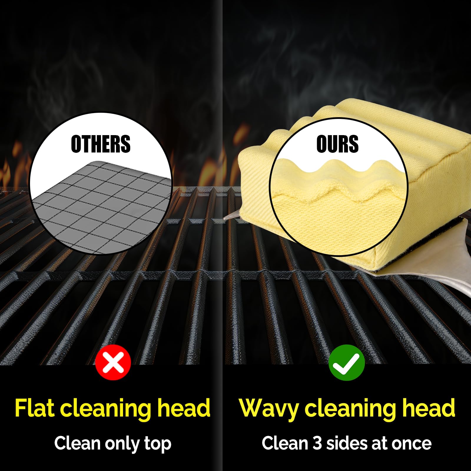 Bristle-Free Steam Cleaning Grill Brush — Features an Extended Luxurious Rosewood Handle and a Unique Wavy pad that Seamlessly fits cast Iron and Stainless Steel grates