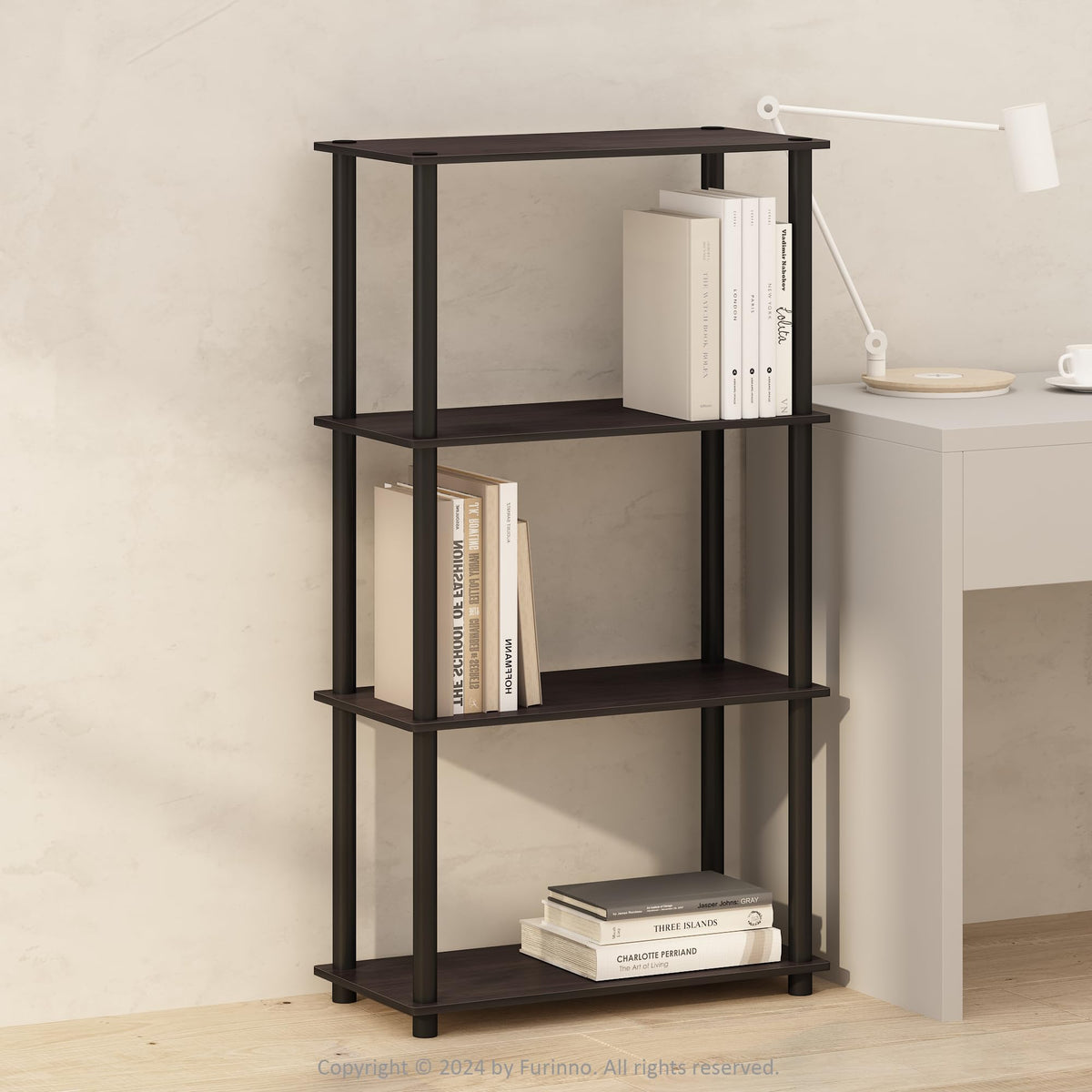 Furinno Turn-N-Tube Book Shelf, 4-Tier Bookshelf, Bookcase with Multipurpose Compact Display Rack, 11.6 x 23.6 x 43.2, for Living Room, Bedroom, Home Office, Americano/Black