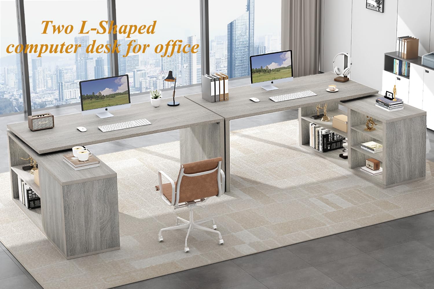 HSH Black L Shaped Computer Desk, Corner Desk with Storage Cabinet Shelves, Reversible Industrial Wood Executive Workstation, L-Shaped Home Office Table for Work Study Writing Gaming, 55 Inch