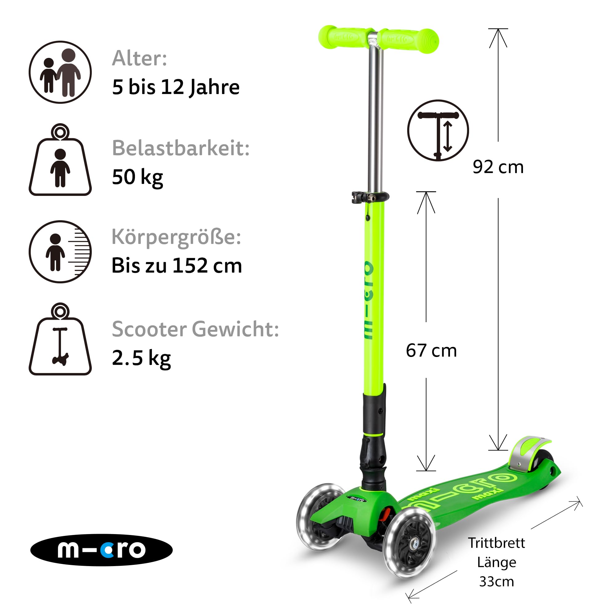 Micro Kickboard | Maxi Foldable LED Kids Scooter for Ages 5-12 | Children up to 110 lbs | 3 Wheel Lean-to-Steer Design | Adjustable T Bar | Smooth Ride, Motion Activated PU LED Wheels | Swiss Design