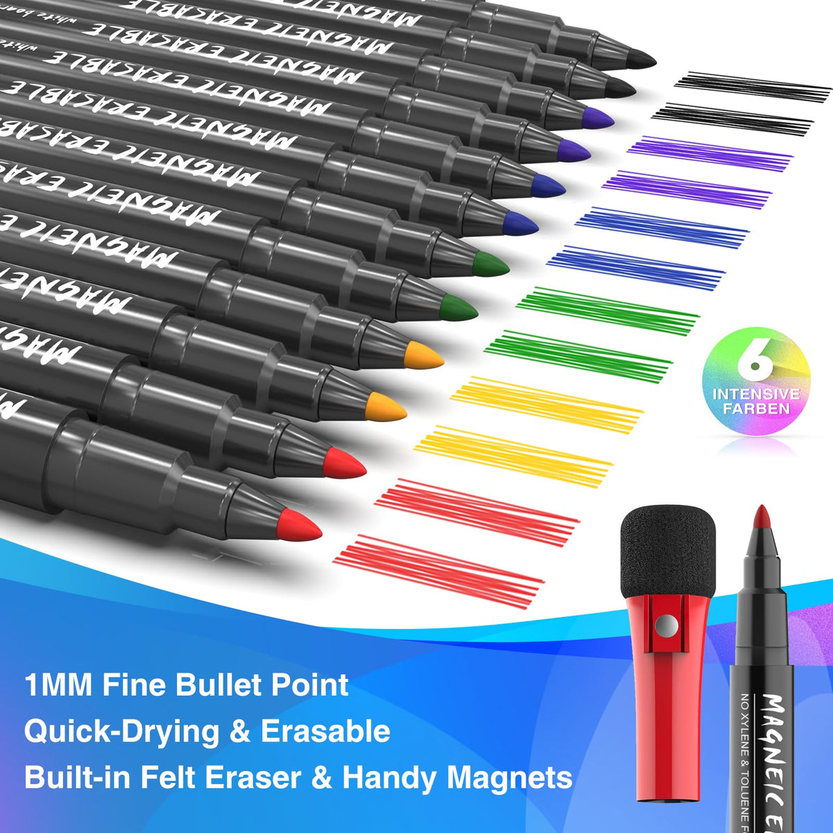 Magnetic Dry Erase Markers Fine: 12 Colors Erasable Whiteboard Markers Fine Point with Eraser Cap, Low Odor White Board Dry Erase Pens Fine Tip for Kids & Teachers, Home, Office and School Supplies