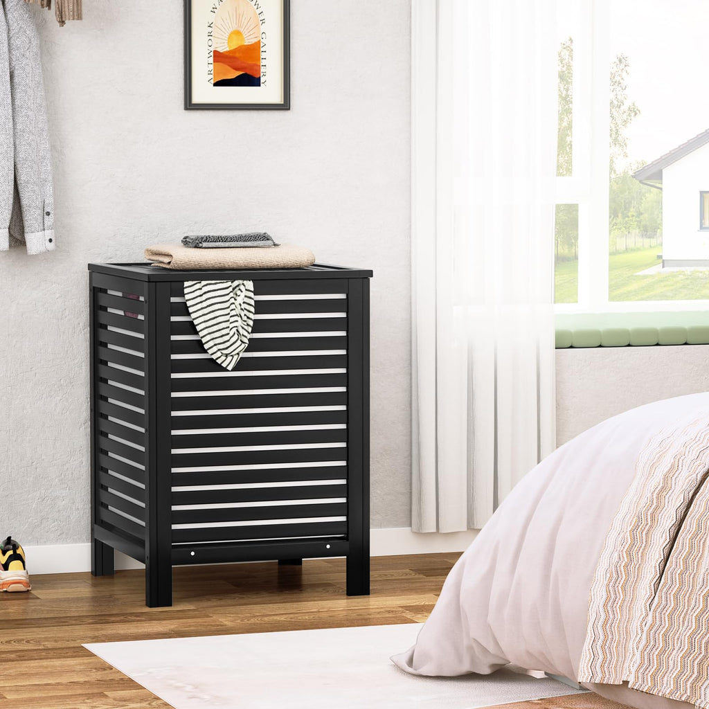 Homykic Bamboo Laundry Hamper with Lid, 120L Large Clothes Laundry Sorter with Removable 2-Section Liner Bag, Raised Laundry Basket Organizer for Clothing, Bathroom, Bedroom, Laundry Room, Black