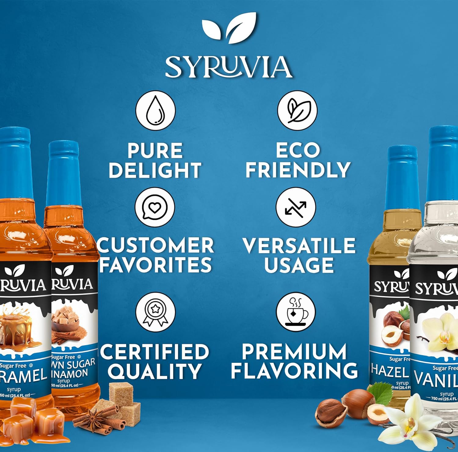 Syruvia Sugar Free Coffee Syrup Variety Pack: Vanilla, Caramel, Hazelnut, and Brown Sugar Cinnamon - Gluten-Free, Kosher, 25.4 fl oz Bottles - Enhance Your Coffee Experience,