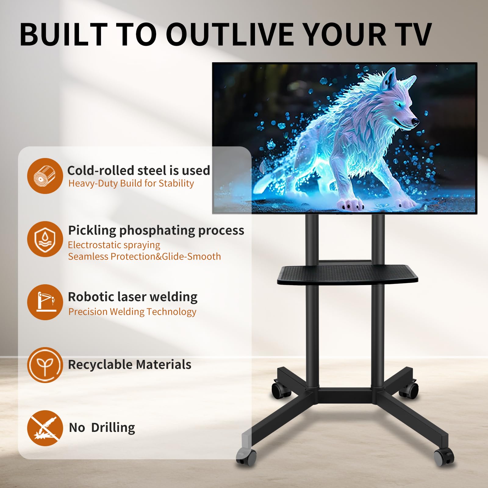 Solid Grace Rolling TV Stand with Power Outlet for 32-75 Inch TVs up to 88lbs, Portable TV Stand with Shelf, Mobile TV Cart for Living Room, Office, Meeting Room, Outdoor(with Power Outlet+Shelf)