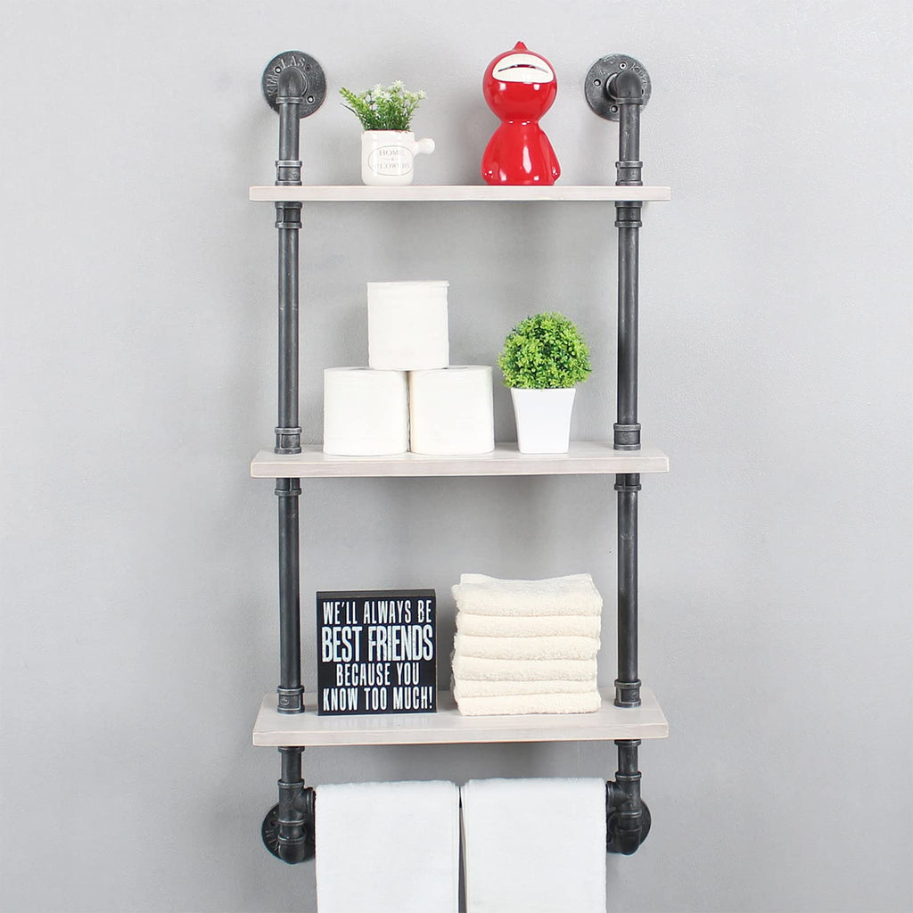 MBQQ Industrial Pipe Shelf Bathroom Shelves Wall Mounted,19.6in Rustic Wood Shelf with Towel Bar,1 Tier Farmhouse Towel Rack,Pipe Shelving Floating Shelves Towel Holder,Black & White