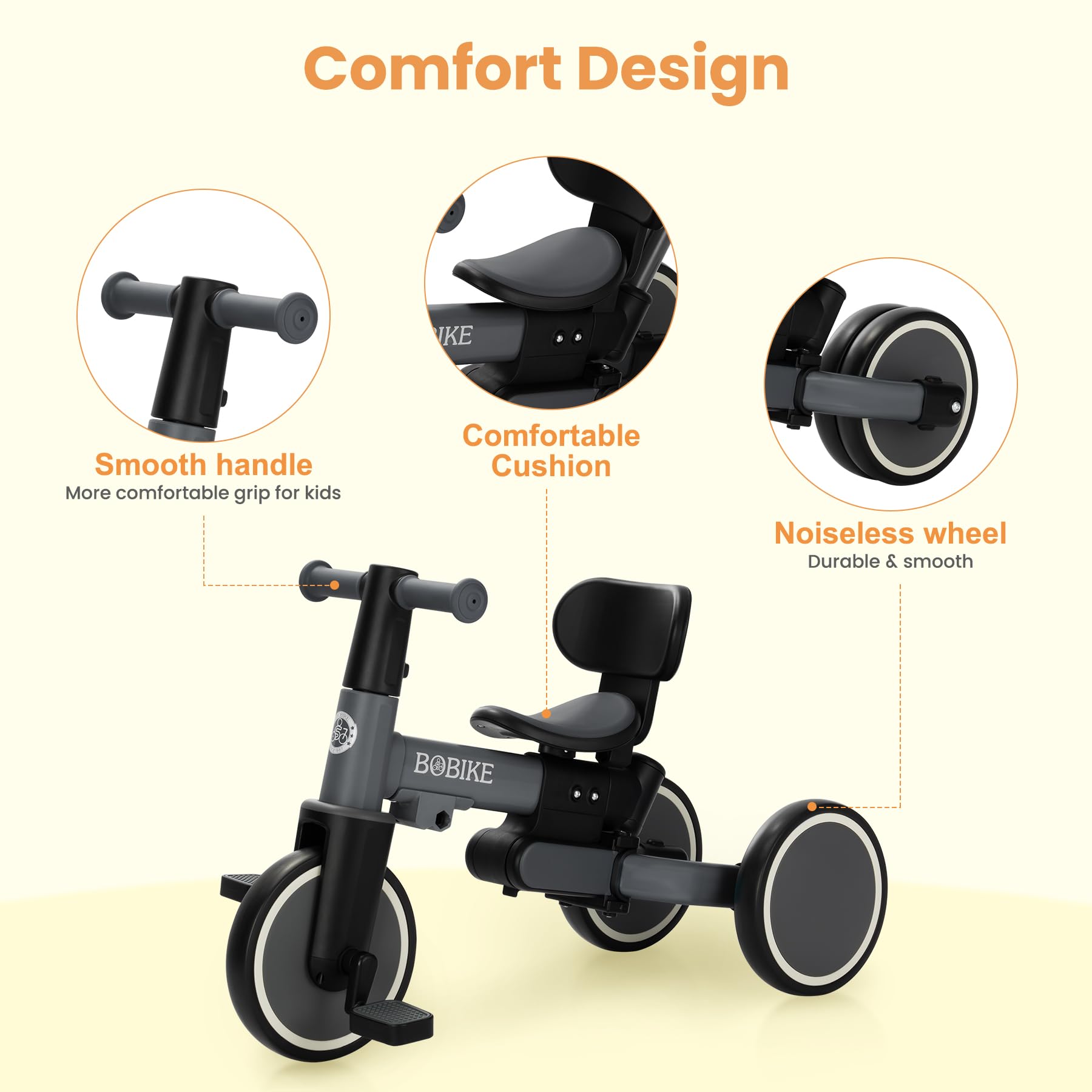 Toddler Bike with Push Handle,Tricycles for 1 to 3 Years Old, Toddler Tricycle with Push Handle for Boy Girl, Baby Balance Bike with Adjustable Seat Height and Removable Pedal (Black)