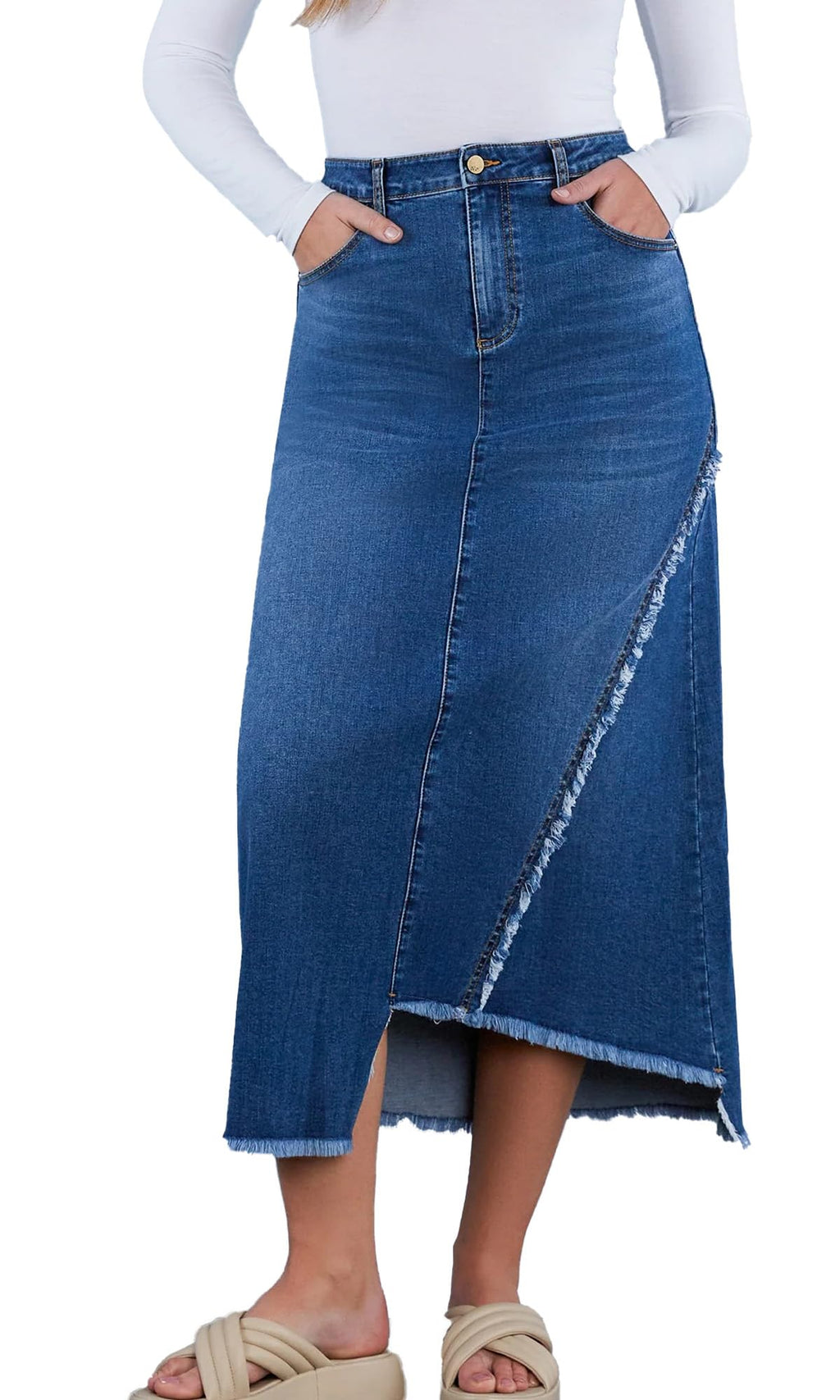 Jean Skirt for Women Denim Skirt High Waist Stretch Midi Denim Skirts with Pockets