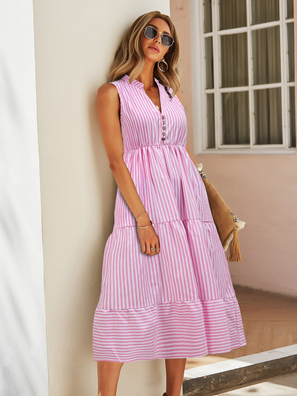 Floerns Women's Striped Print Notched Neck Sleeveless Ruffle A Line Midi Dress