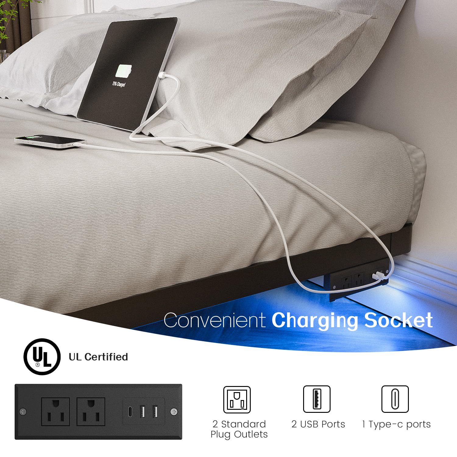 OLEVS Floating Bed Frame Full Size with Smart LED Lights and Charging Station - Modern Metal Platform Bed, Easy Assembly No Box Spring Needed
