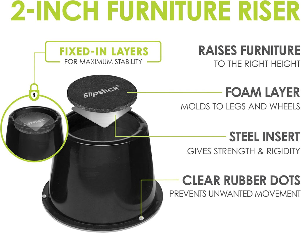 Slipstick CB674 Premium 2 Inch Furniture Risers/Bed Raisers with Steel Reinforced Top (4 Pack) Adds 2" Height, Supports 2,640 Pounds, Stackable with CB671