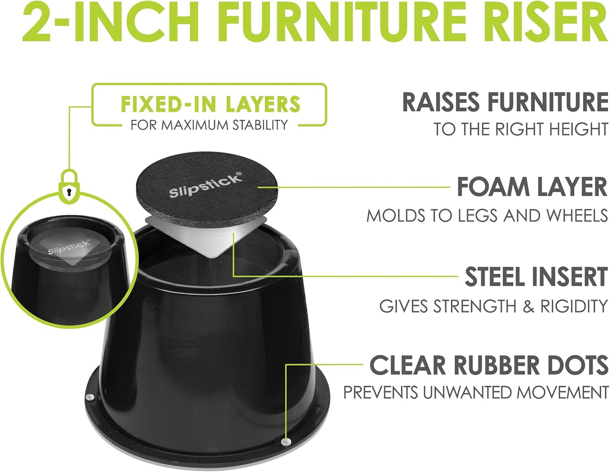 Slipstick CB674 Premium 2 Inch Furniture Risers/Bed Raisers with Steel Reinforced Top (4 Pack) Adds 2" Height, Supports 2,640 Pounds, Stackable with CB671