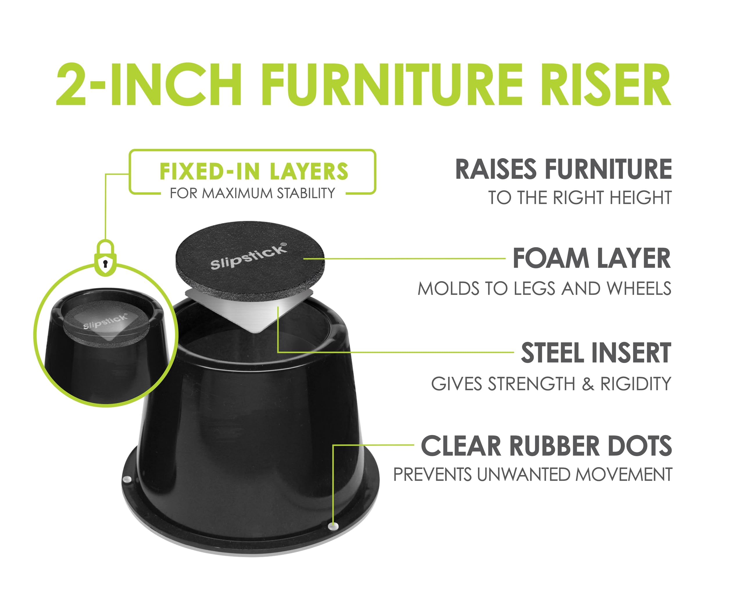 Slipstick CB674 Premium 2 Inch Furniture Risers/Bed Raisers with Steel Reinforced Top (4 Pack) Adds 2" Height, Supports 2,640 Pounds, Stackable with CB671