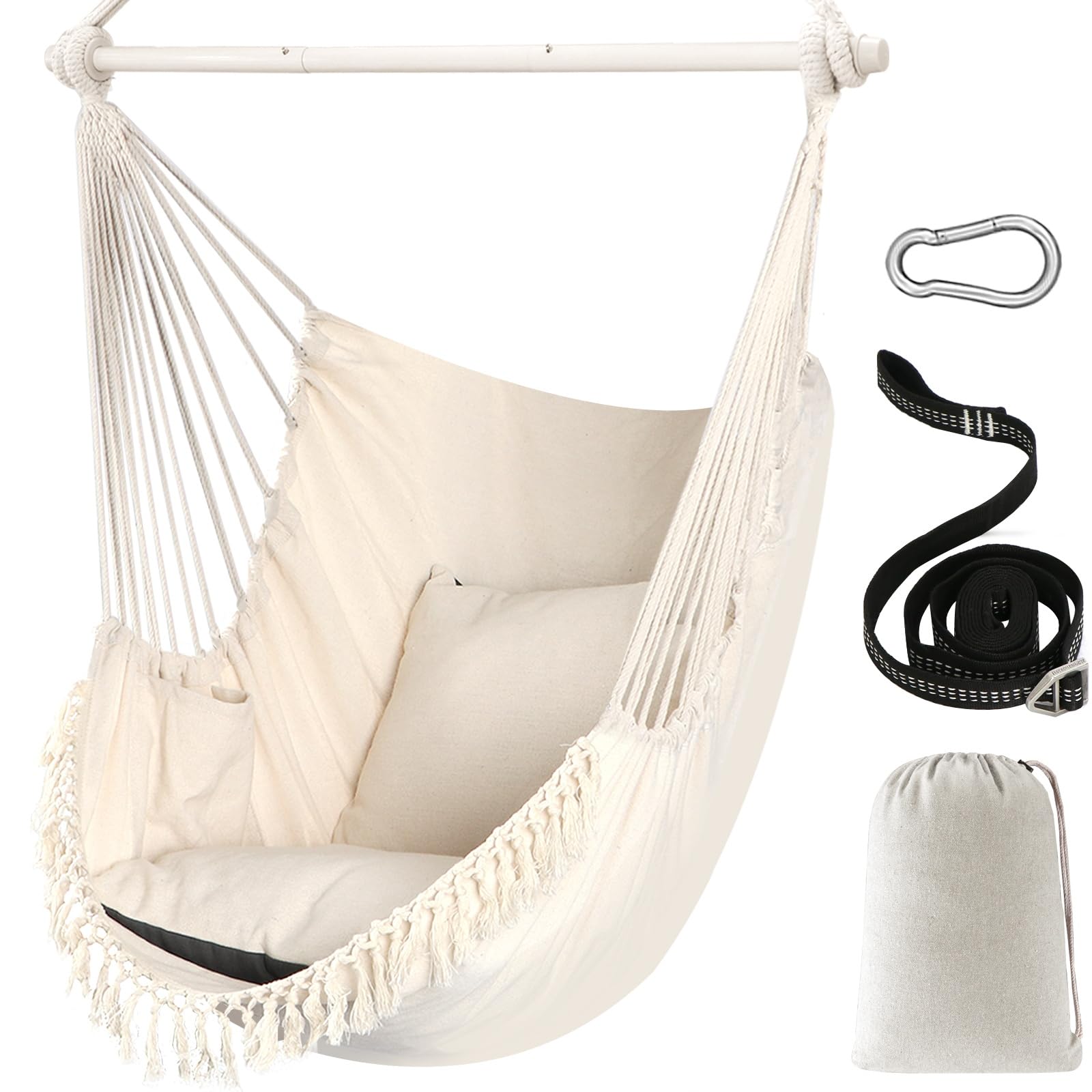Chihee Hammock Chair Hanging Swing Max 500 Lbs 2 Cushions Included Metal Spreader Bar with Anti-Slip Grooves Portable Hanging Chair Side Pocket Large Macrame Bohemian Chair Indoor Outdoor | Hanging Swing with Anti-Slip Grooves Portable Hanging Chair Side