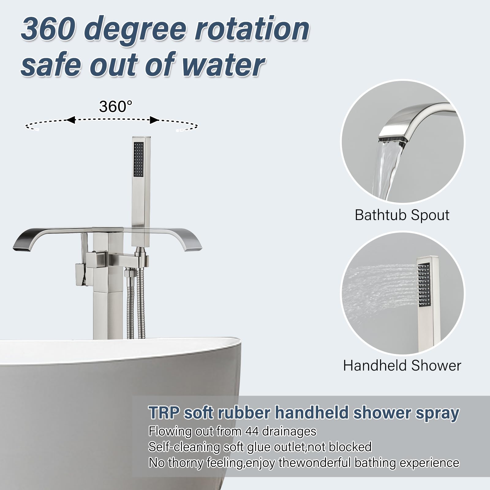 Brushed Gold Freestanding Bathtub Faucet with Hand Shower Tub Filler Faucet Floor Mounted High Flow Single Handle Bath Filler Solid Brass