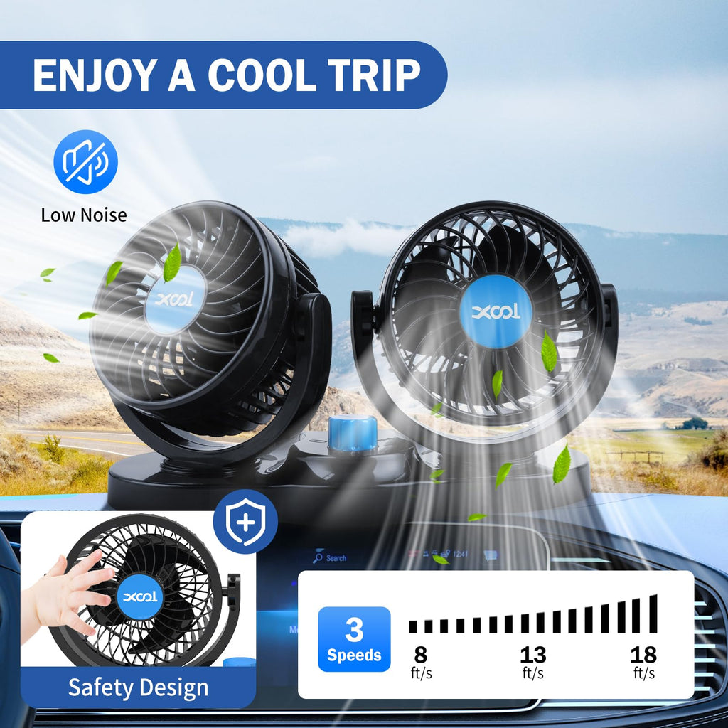 XOOL Clip Car Fan, 9 Inches 12V/24V Fan, 360° Rotatable Electric Cooling Clip on Fan with Stepless Speed Regulation for SUV, RV, Truck