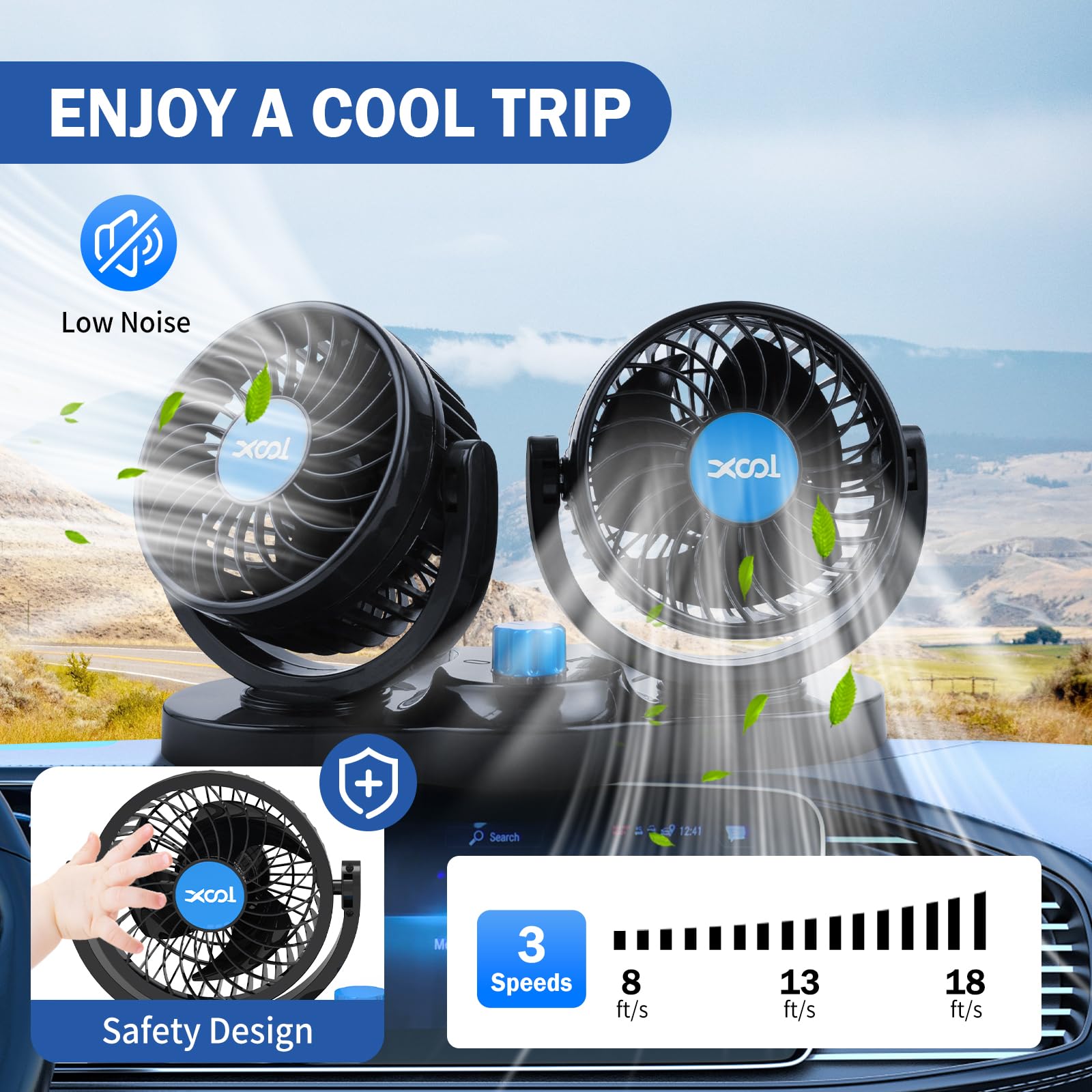 XOOL Clip Car Fan, 9 Inches 12V/24V Fan, 360° Rotatable Electric Cooling Clip on Fan with Stepless Speed Regulation for SUV, RV, Truck