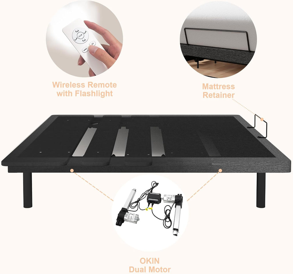 GOLDORO King Size Adjustable Bed Frame, Electric Bed Base, Wireless Remote Control, Whisper Quiet Durable Motor, Independent Head and Foot Incline, Padded Edge