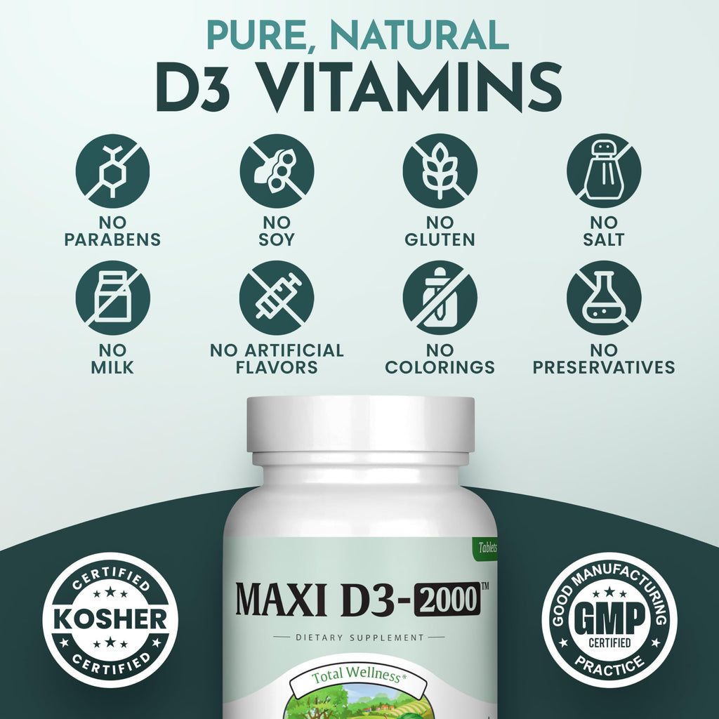 Maxi Health Vitamin D3 2000IU Tablets – Immune Support, Bone Health, and Muscle Function – Vitamin D 2000 IU Supplement for Adults – Kosher, Easy-to-Swallow, 90 Tablets