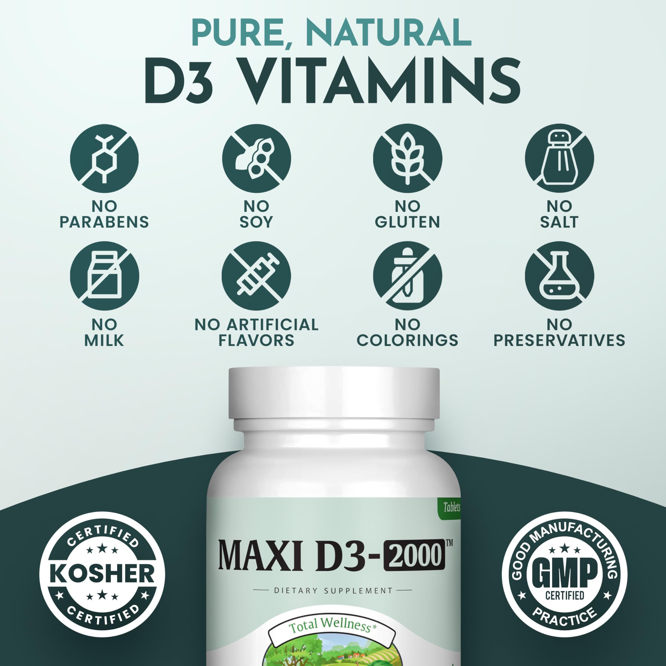 Maxi Health Vitamin D3 2000IU Tablets – Immune Support, Bone Health, and Muscle Function – Vitamin D 2000 IU Supplement for Adults – Kosher, Easy-to-Swallow, 90 Tablets