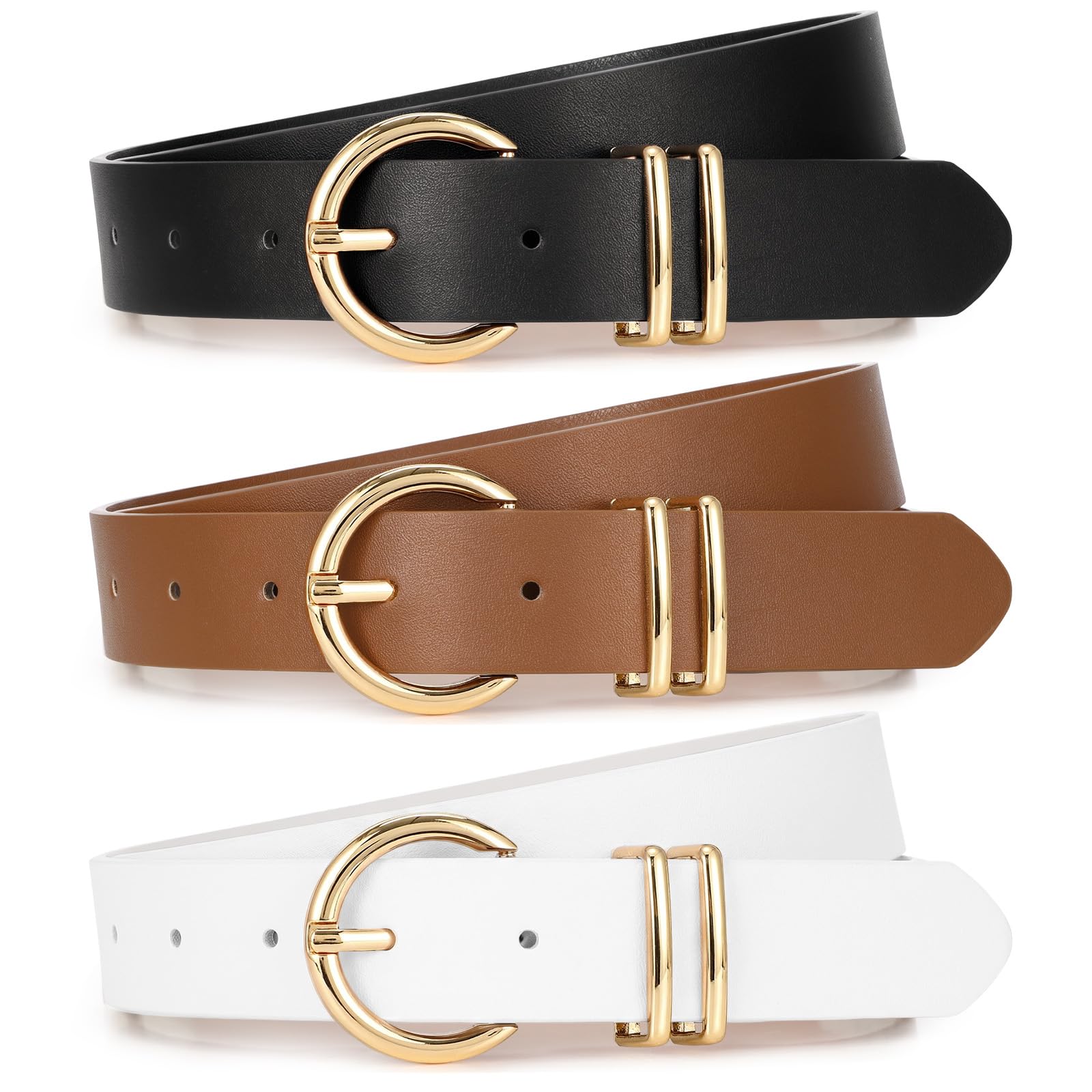 XZQTIVE 3 Pack Women Belts For Jeans Dresses Pants Ladies Leather Waist Belt with Gold Buckle
