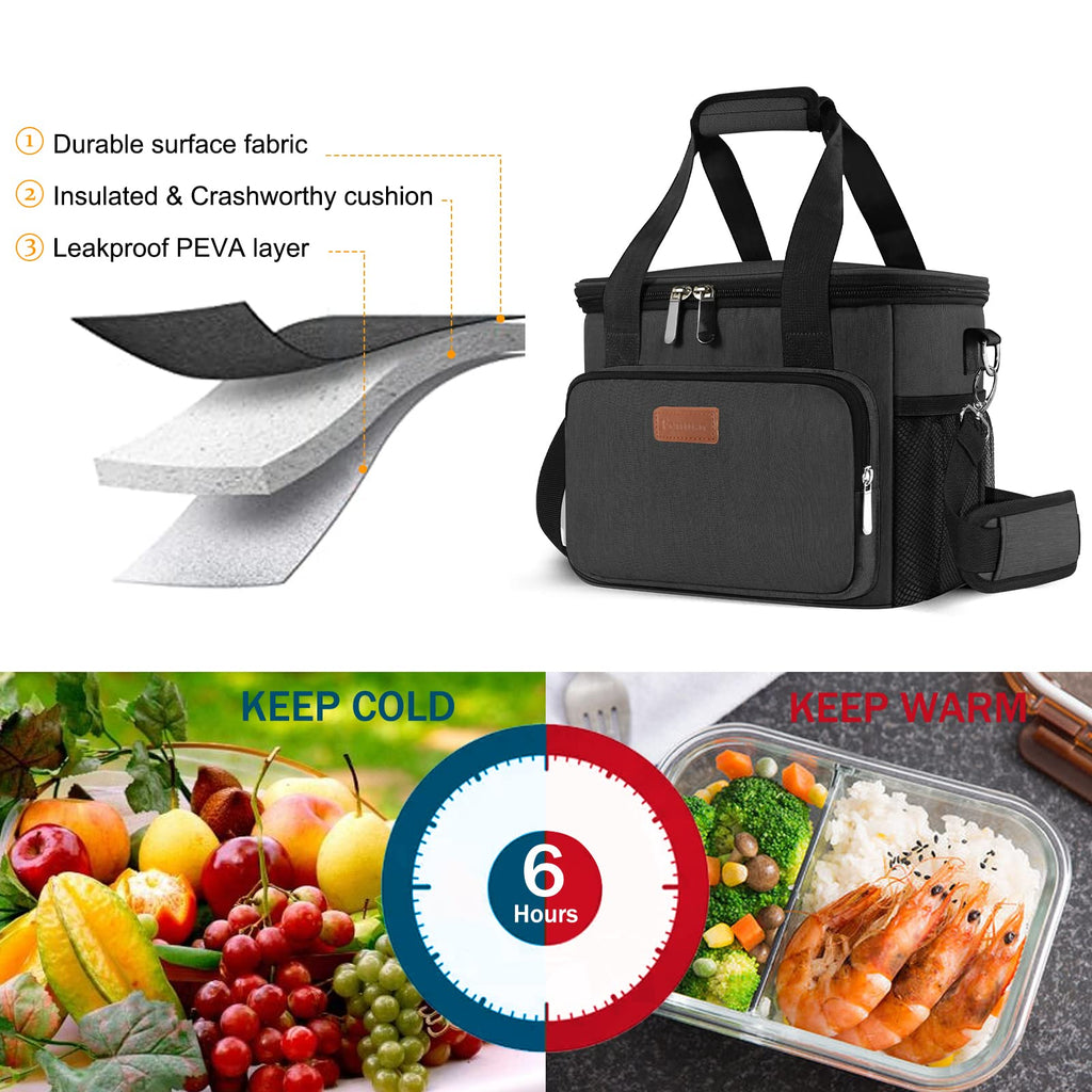 Femuar Lunch Bags for Women/Men, Insulated Lunch Bag for Work Office Picnic - Large Lunch Cooler Bag Leakproof Lunch Box with Adjustable Shoulder Strap for Adults - Grey (15L)