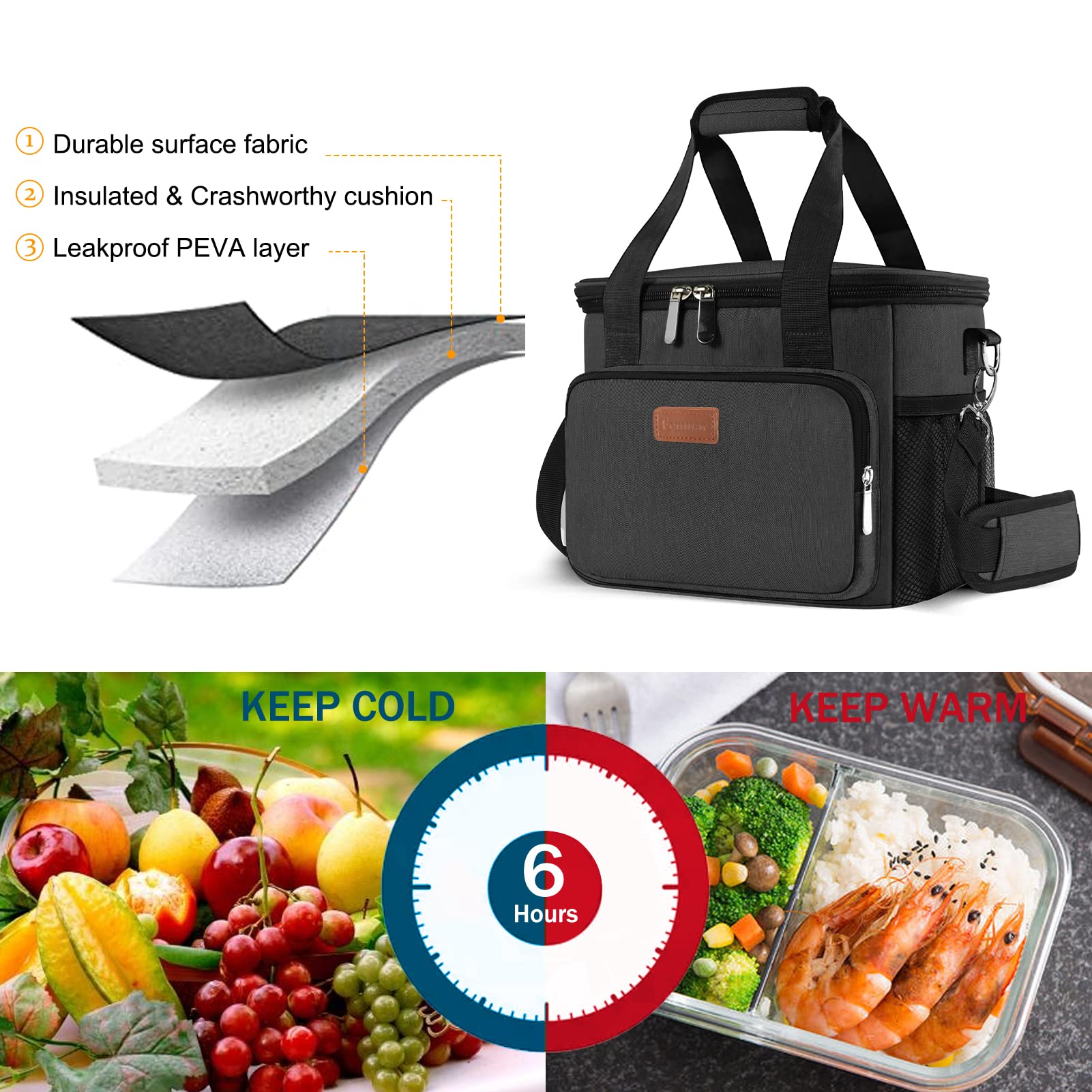 Femuar Lunch Bags for Women/Men, Insulated Lunch Bag for Work Office Picnic - Large Lunch Cooler Bag Leakproof Lunch Box with Adjustable Shoulder Strap for Adults - Grey (15L)