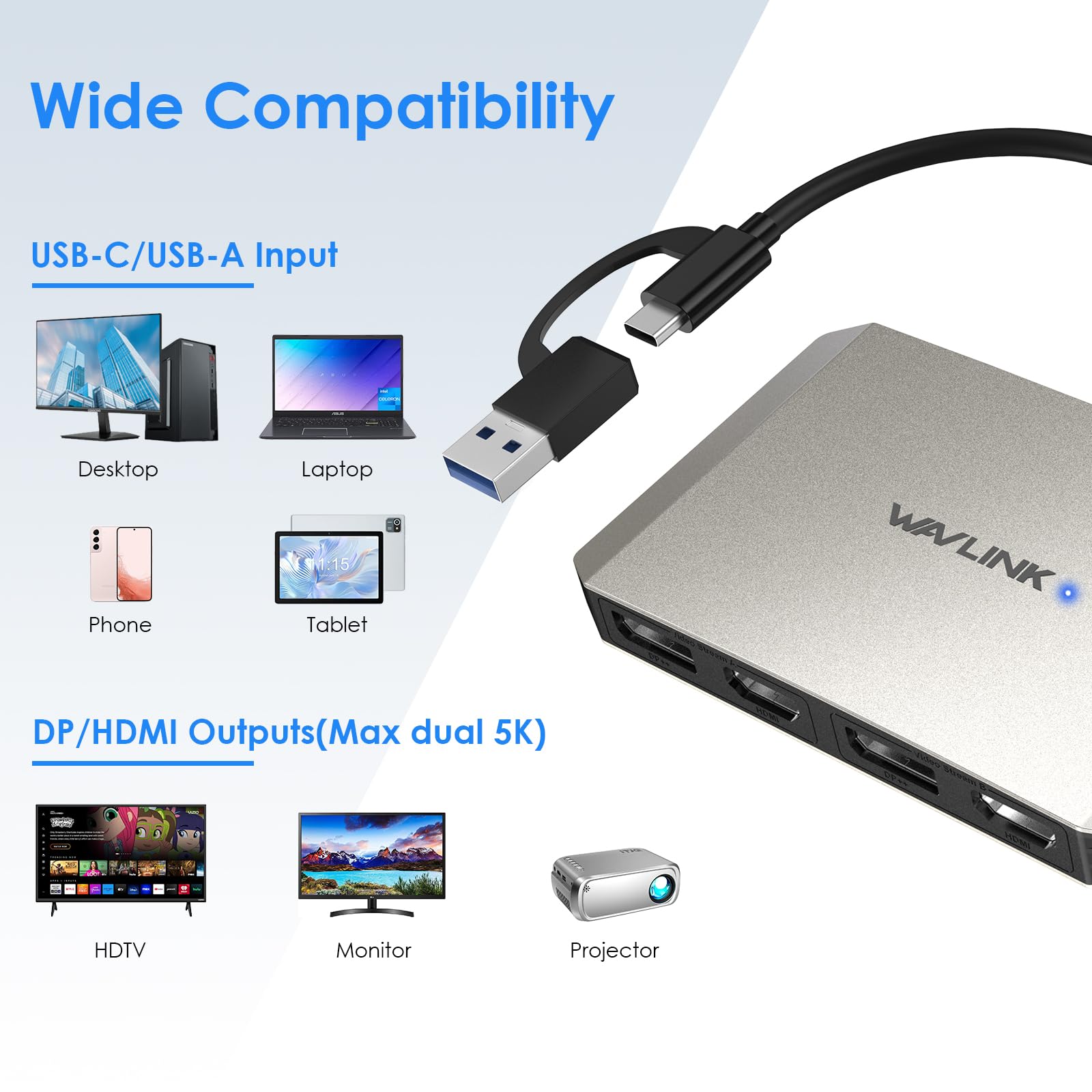 WAVLINK USB C or USB 3.0 to Dual HDMI/DisplayPort Adapter, Displaylink Monitor Splitter Extended Display for Dual Monitor 4K@60Hz, HDMI/DP Splitter Compatible with Mac M1-M5/Neo,Window Laptop-Black