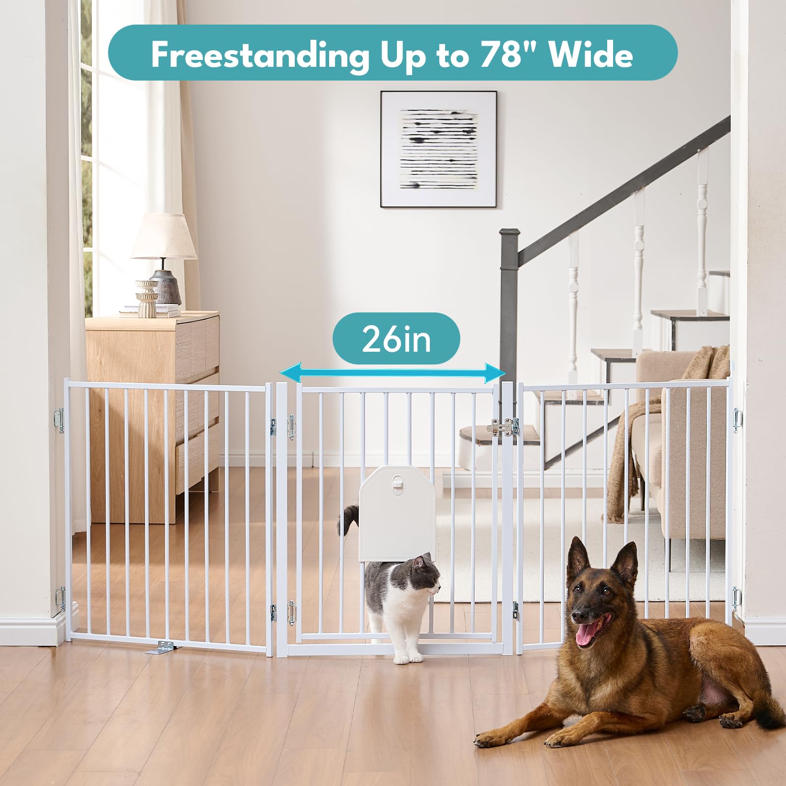 No Pawblems Free Standing Dog Gate, 30" Tall Foldable Dog Fence for Indoor, Up to 52 Inch Extra Wide Puppy Gate Extension for Stairs, Hallways, Doorways, Deck, Yard (White, 2 Panels)