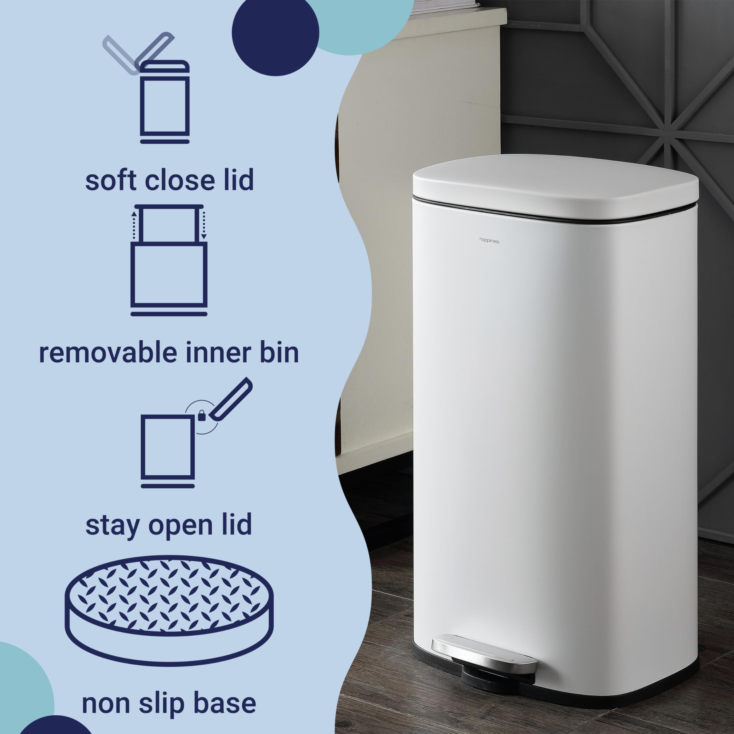 happimess HPM1011B Curtis 8-Gallon Step-Open Trash Can with Soft-Close Lid, Modern, Minimalistic, Fingerprint Proof for Home, Kitchen, Laundry Room, Office, Bedroom, Bathroom, Black