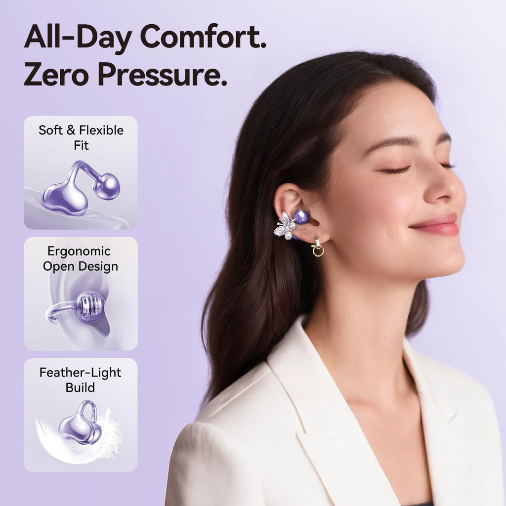 Kinglucky Jewelry-Inspired Clip-On Earbuds with Butterfly Earrings, Comfortable Fit & 40H Playtime Open Ear Bluetooth 5.4 Wireless Headphones for Women, Small Ears, Sports & Workouts (Black)