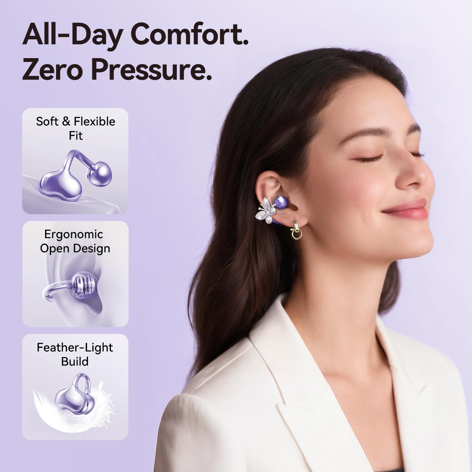Kinglucky Jewelry-Inspired Clip-On Earbuds with Butterfly Earrings, Comfortable Fit & 40H Playtime Open Ear Bluetooth 5.4 Wireless Headphones for Women, Small Ears, Sports & Workouts (Black)