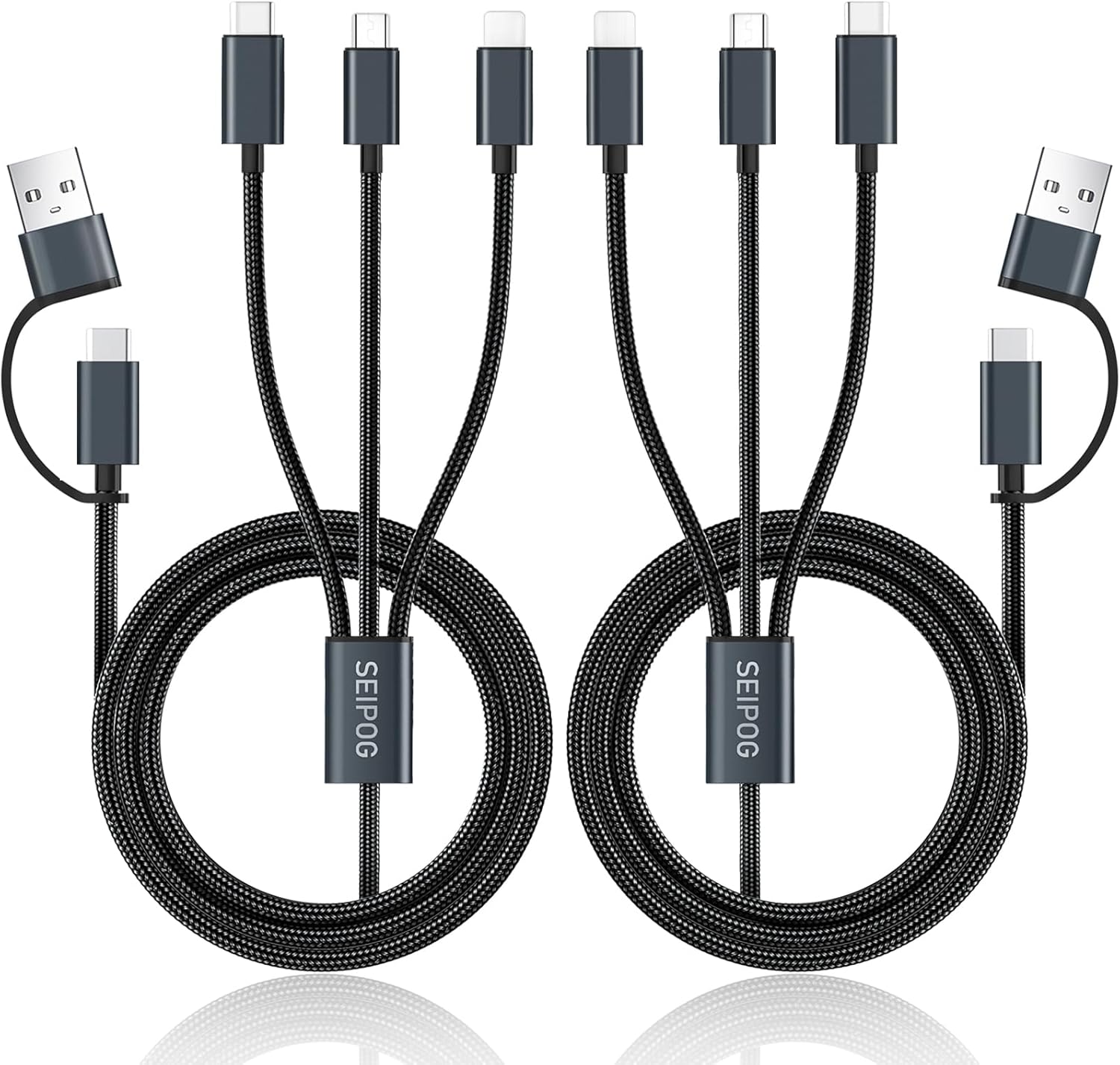 SEIPOG Multi Charging Cable 5 in 1, 2PCS 4FT USB C/A Multi Charger Cable to Type-C/Micro USB Port, Nylon Braided USB C Multiple Charger Cable, Universal Phone Charger Cord for Cell Phones and More