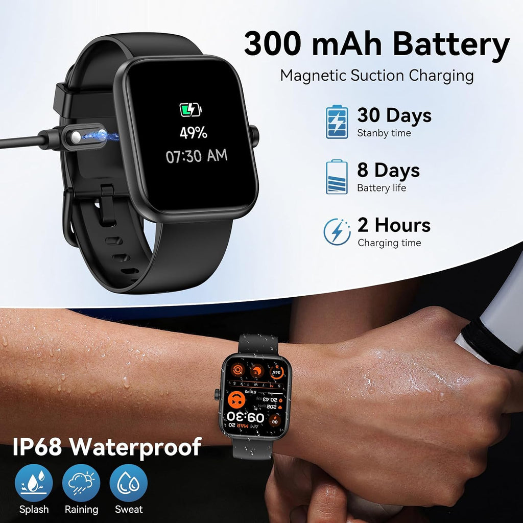 Smart Watch for Men Women Alexa Built-in, 1.83" HD Fitness Tracker Touchscreen with Call Function, IP68 Waterproof, 120+ Sport Modes, 24/7 Heart Rate/Sleep Monitor, iOS Android Compatible (Black)