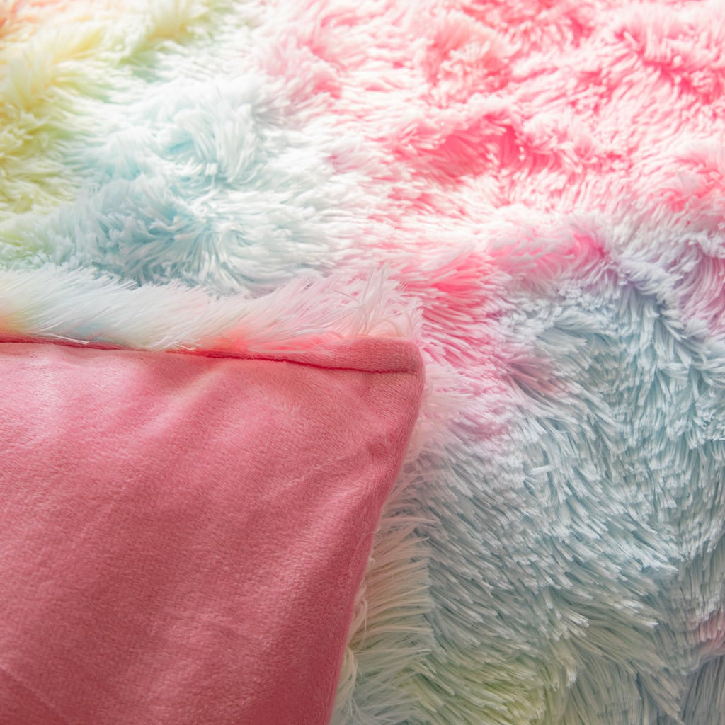 Faux Fur Kids Girls Purple Rainbow Comforter Sets Twin/Full - 3PC Bed Set Warm Comfortable Soft Plush Flannel Velvet Fluffy Fuzzy Bedding（Comforter x 1 Pillowcases x 2）