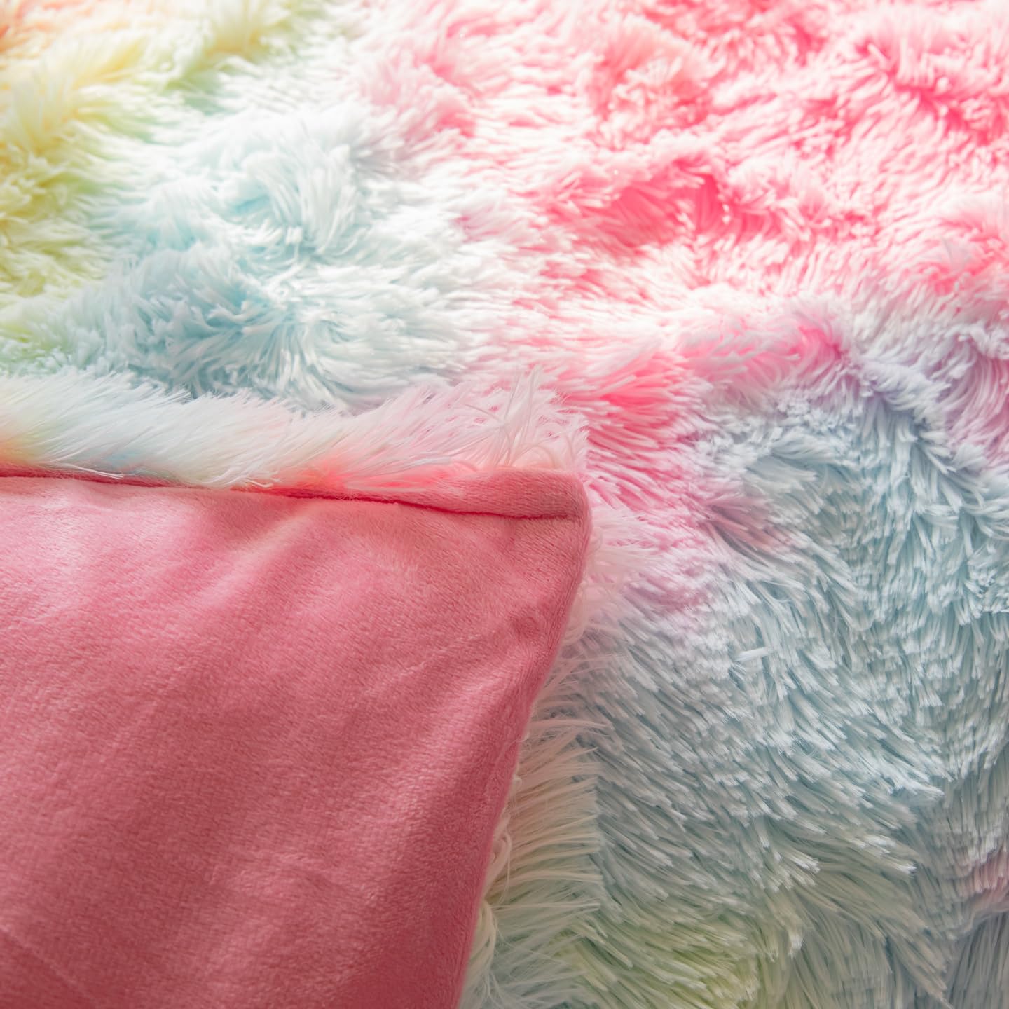 Faux Fur Kids Girls Purple Rainbow Comforter Sets Twin/Full - 3PC Bed Set Warm Comfortable Soft Plush Flannel Velvet Fluffy Fuzzy Bedding（Comforter x 1 Pillowcases x 2）