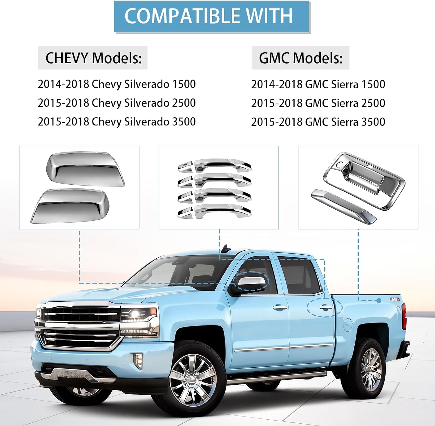 Chrome Door Handle Covers+Top Half Mirror Covers+Tailgate Cover (with Camera Hole) Compatible with Chevrolet Silverado GMC Sierra 1500 2500 3500 2014-2018 - Not for Towing Mirror