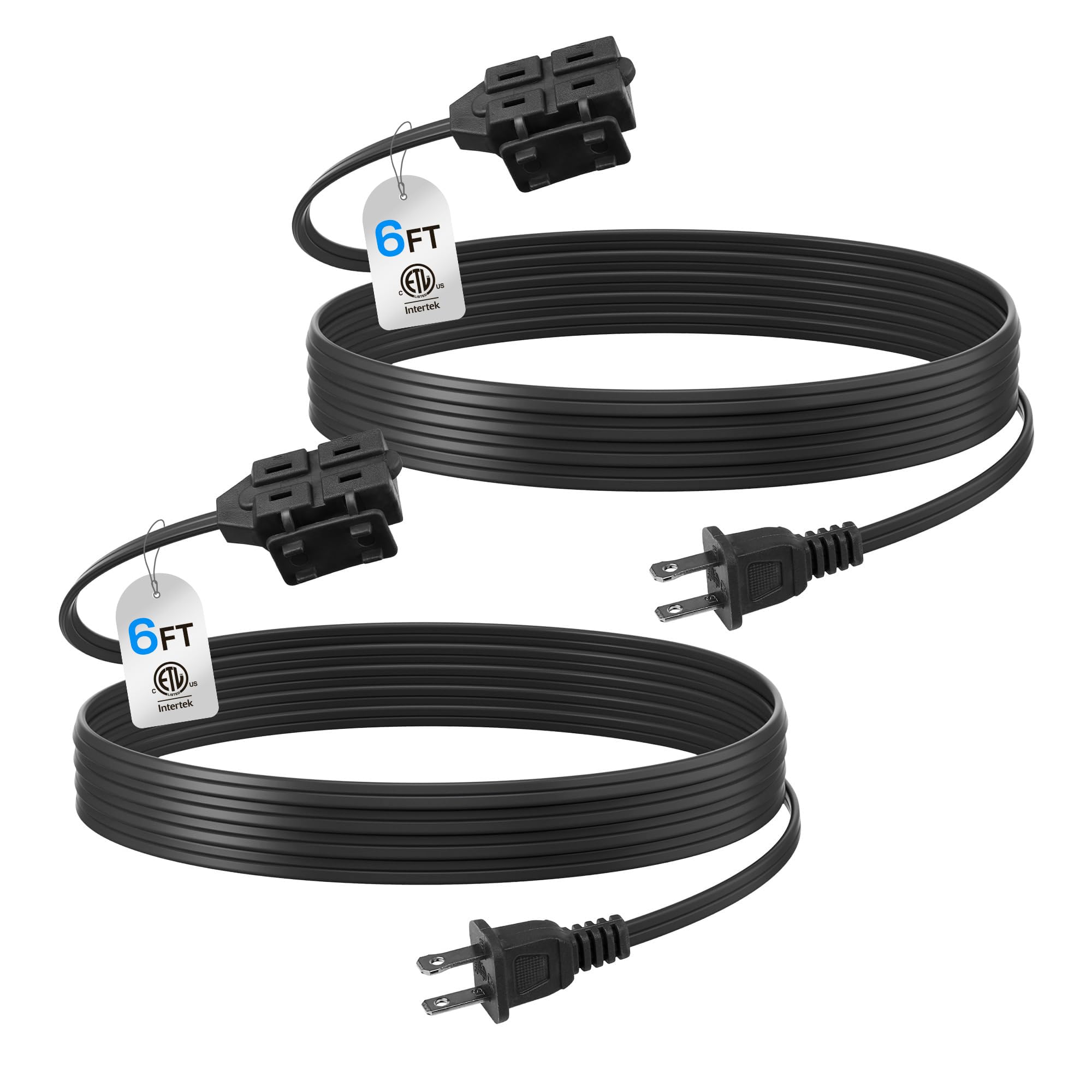BN-LINK 6ft Indoor Extension Cord, 2 Pack, 3-Outlet Polarized Flat Cable, Household Power Cord for Home, Office, and Holiday Decorations, Black