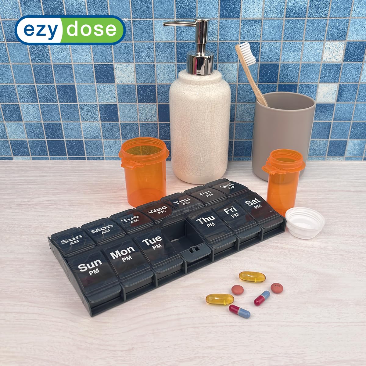 EZY DOSE Push Button (7-Day) Pill Case, Medicine Planner, Vitamin Organizer, 2 Times a Day, AM/PM Container, X-Large Compartments, Arthritis Friendly, Easy to Use, Transparent Lids, Black, BPA Free