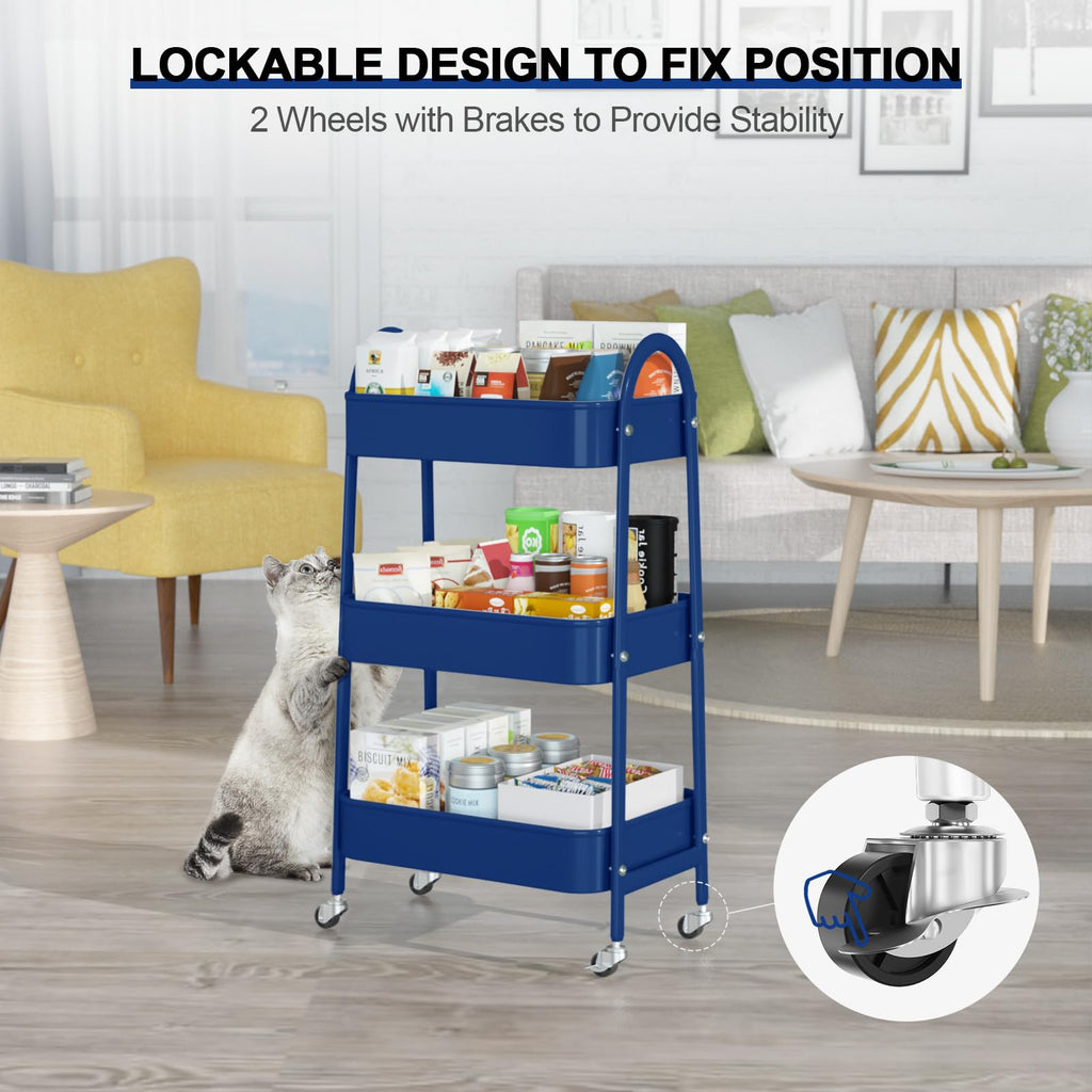 EAGMAK 3 Tier Rolling Cart, Large Metal Storage Cart with Handle and Lockable Wheels, Big Multifunctional Storage Organizer Trolley with Mesh Baskets for Kitchen, Living Room, Office, Garage (Beige)