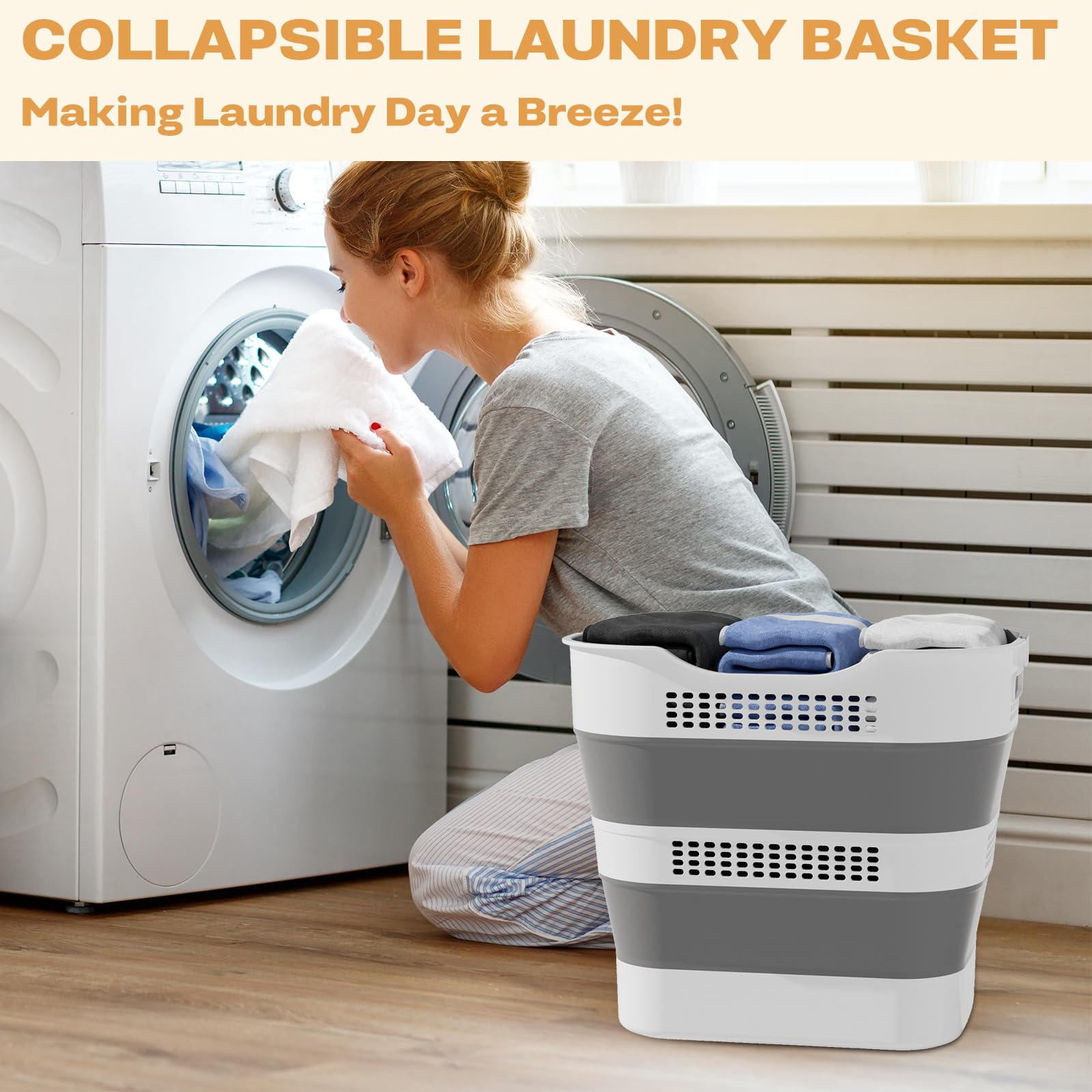 OOAMBB 43L(11.5Gallon) Collapsible Laundry Basket with Handles, Foldable Laundry Basket Plastc,Pop Up Tall Storage Container/Organizer/Clothes Hamper for Laundry (Grey,1 Pack)