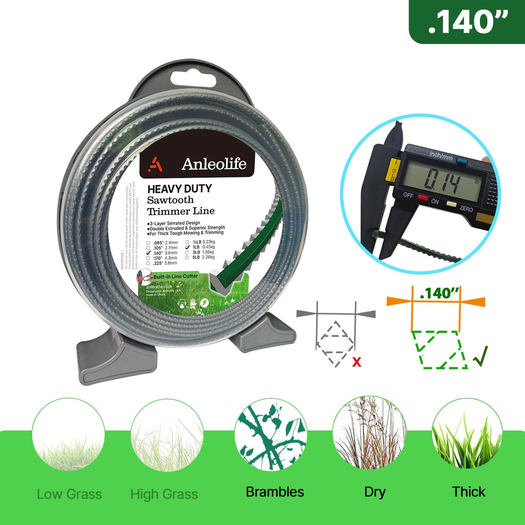 A Anleolife 1-Pound Heavy Duty Sawtooth 140-mil-by-108-ft Dual Core String Serrated Trimmer Line Donut for Walk Behind Wheeled Mowers with Built-in Line Cutter