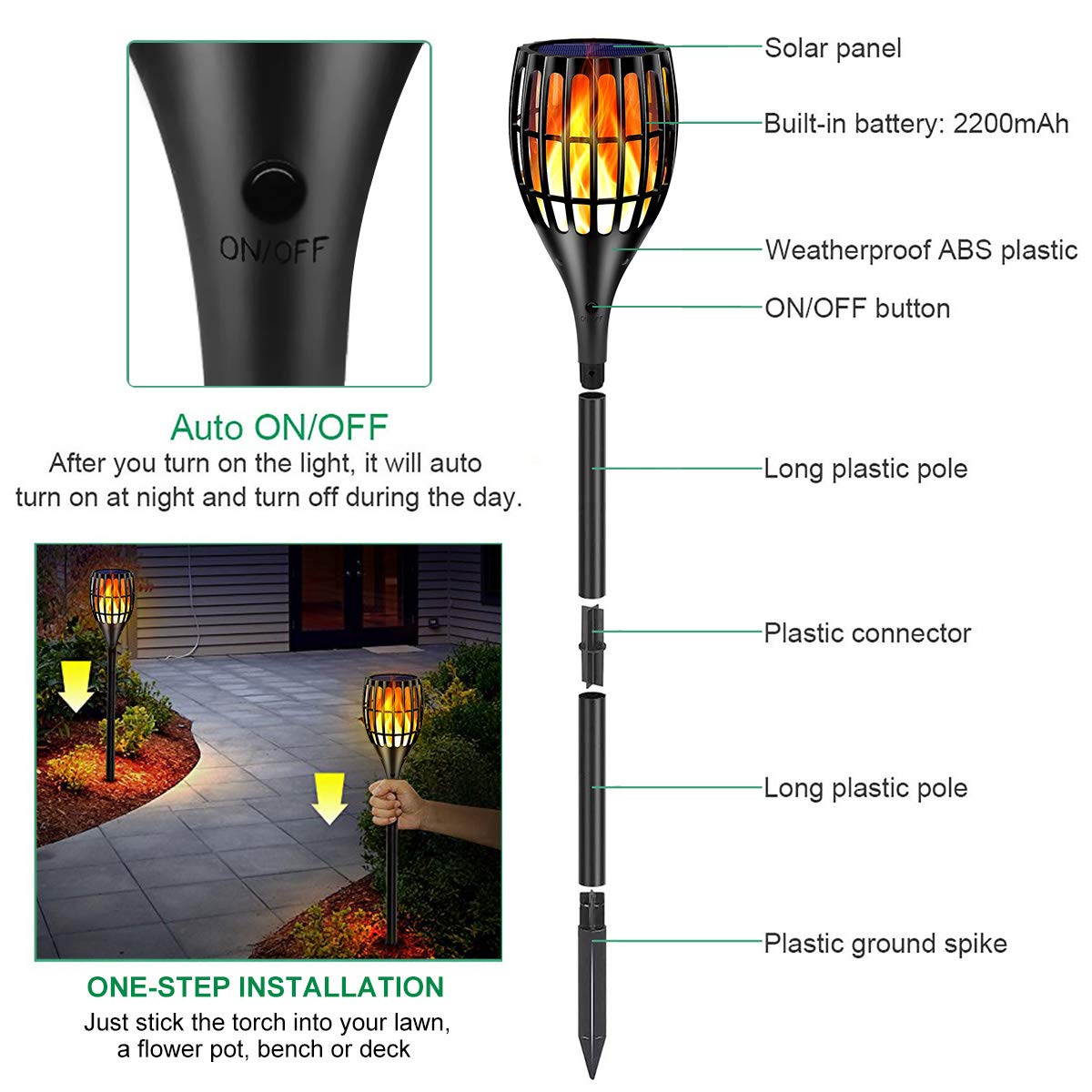 Solar Torch Lights, Waterproof Flickering Flames Torches Lights 43" Outdoor Solar Spotlights Landscape Decoration Lighting Dusk to Dawn Auto On/Off for Yard Patio Driveway, 1 Pack